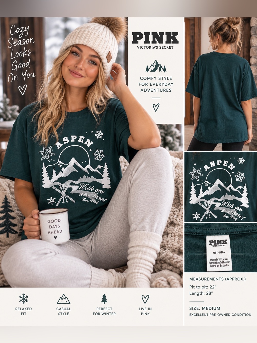 PINK Victoria's Secret Aspen Graphic Tee - Forest Green with White Print